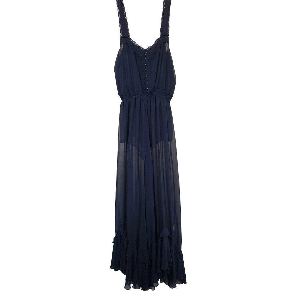 Free People New Romantics Navy Ruffled Jumpsuit Sz M Wide Semi Sheer Leg NWOT